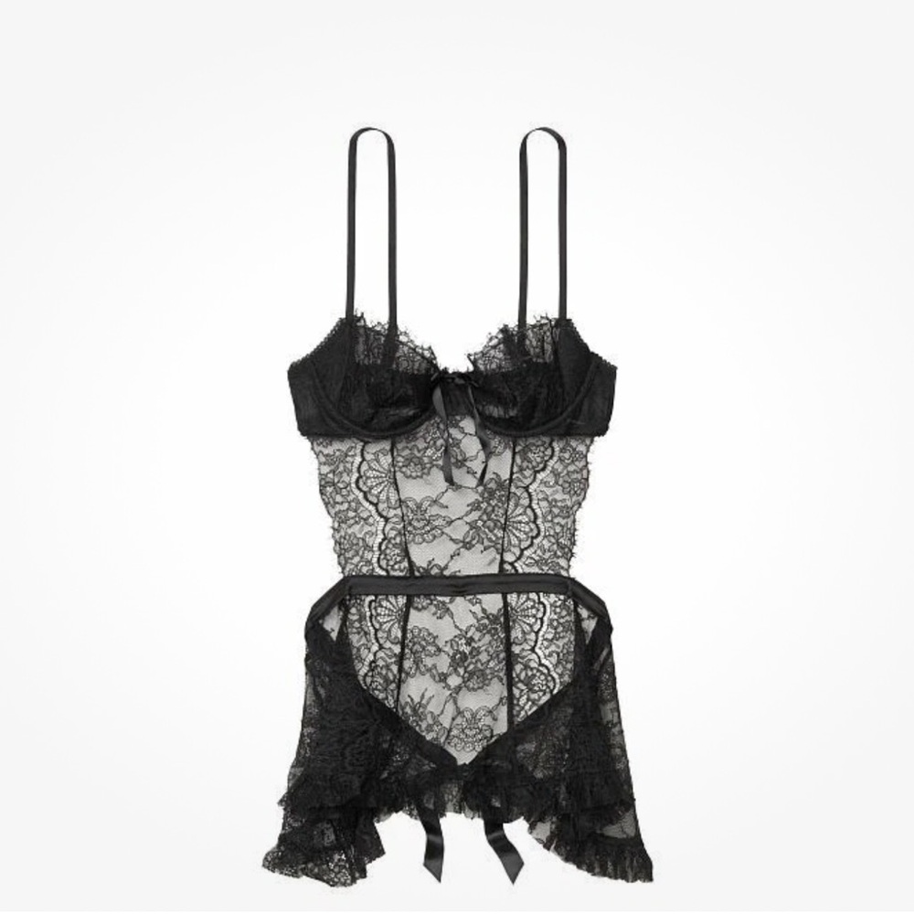 NWT Victoria’s Secret Black Wicked La Fleur Open Back Babydoll Lingerie Top Sz M - Picture 3 of 8